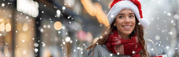 Woman in Santa Hat Smiles in Snowy City