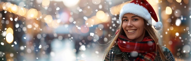 Woman in Santa Hat Smiles in Snowy City