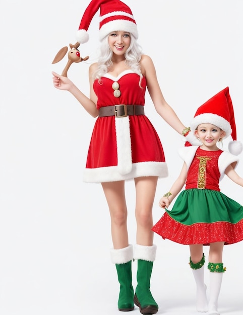 a woman in a santa outfit with a girl dressed as santa and holding a doll