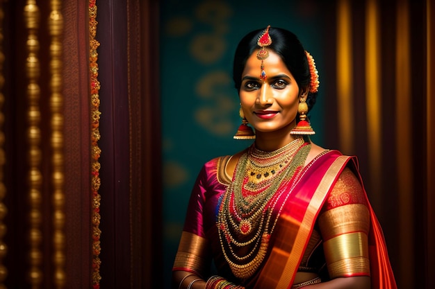 A woman in a saree with gold jewellery