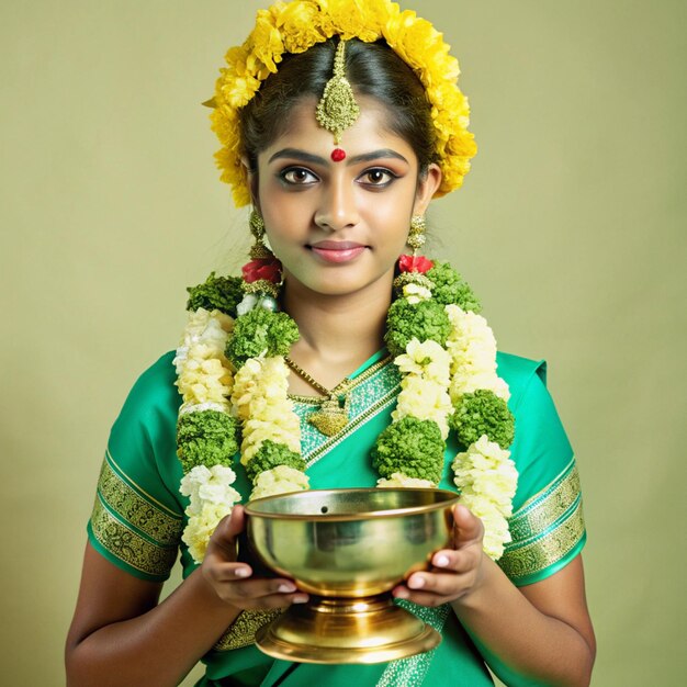 a woman in a sari holding a bowl of water