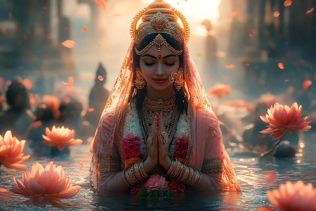 Photo a woman in a sari is sitting in the water with the sun behind her