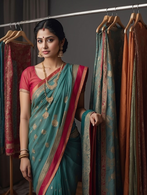 A woman in a sari is standing and modeling with a clothes rack behind her