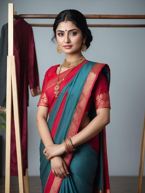 A woman in a sari is standing and modeling with a clothes rack behind her