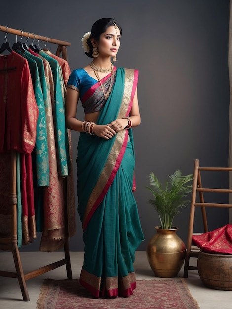 A woman in a sari is standing and modeling with a clothes rack behind her