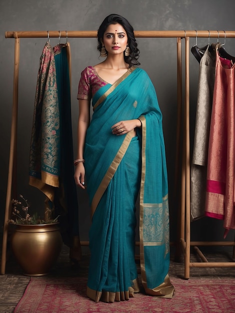 A woman in a sari is standing and modeling with a clothes rack behind her