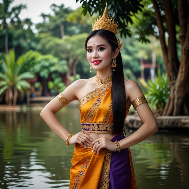 Photo a woman in a sari poses in front of a pond