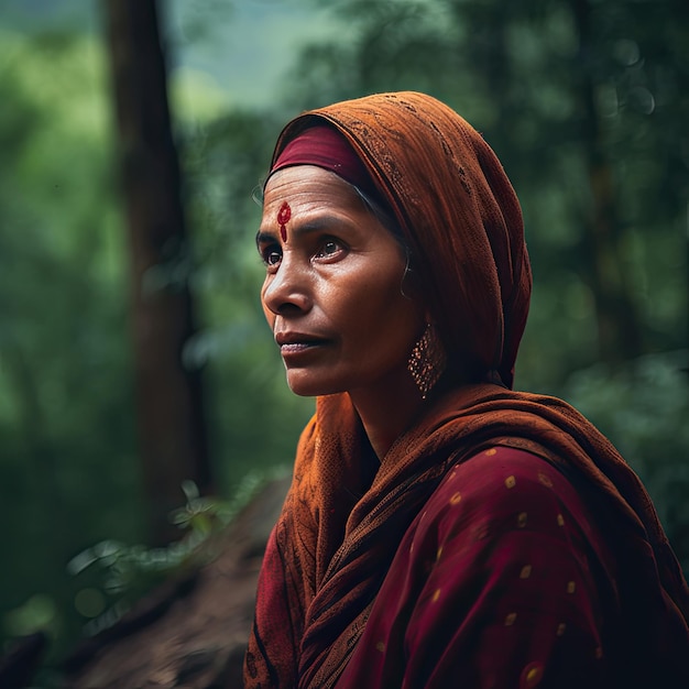 a woman in a sari stands in a forest