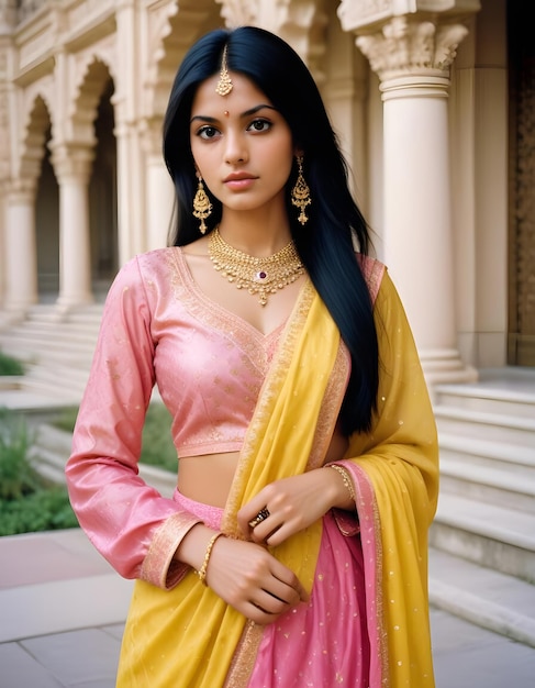 Photo a woman in a sari stands in front of a building