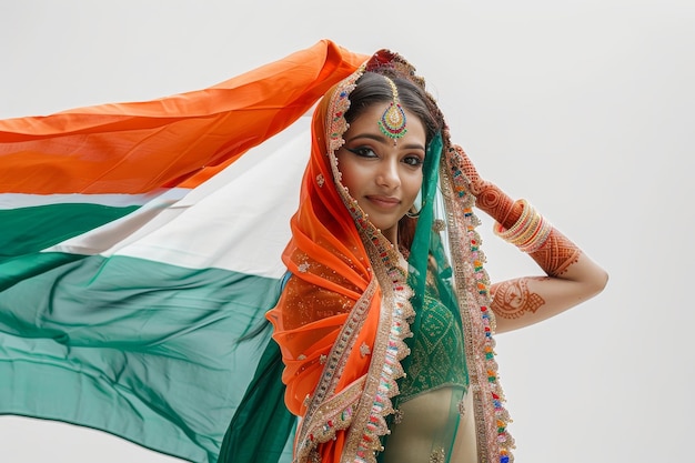 a woman in a sari with the flag in the background