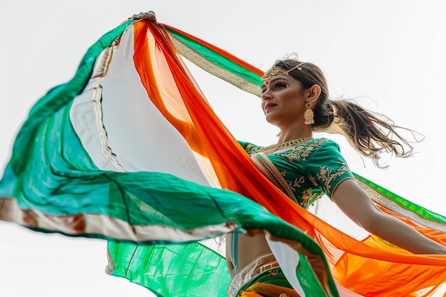 a woman in a sari with the flag in the background