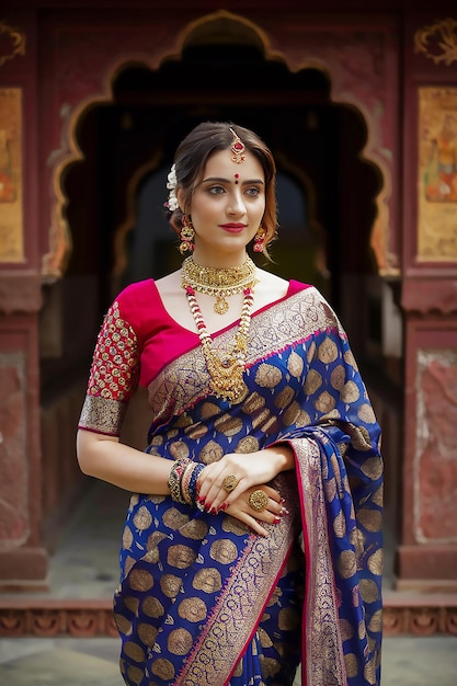 a woman in a sari with a gold necklace