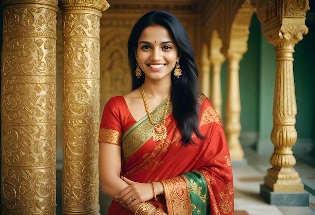 a woman in a sari with a gold and red sari