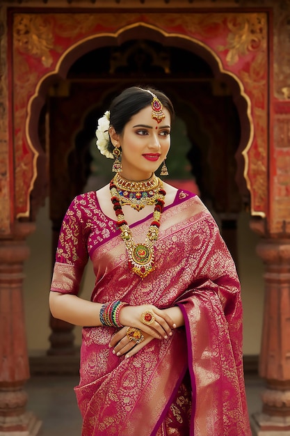 a woman in a sari with a red background