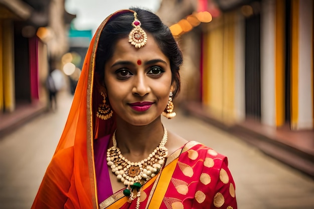 a woman in a sari with a red and gold necklace