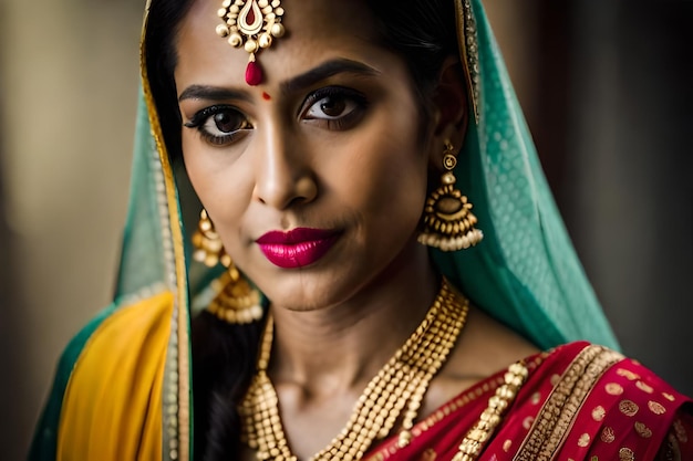 a woman in a sari with a red lip gloss