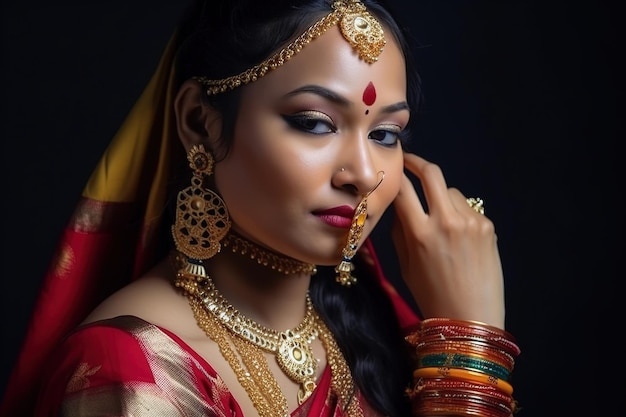 A woman in a sari with a red sari and gold earrings