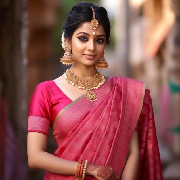 a woman in a sari with a red sari on her head