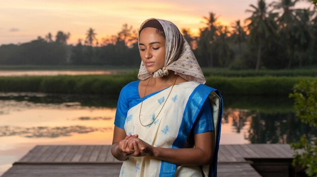 Photo a woman in a sari with the sun setting behind her