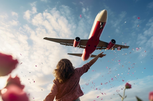 a woman saying goodbye to a plane that is flying in the sky