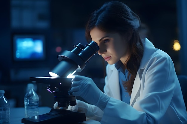 A woman scientist examining a specimen through a microscope