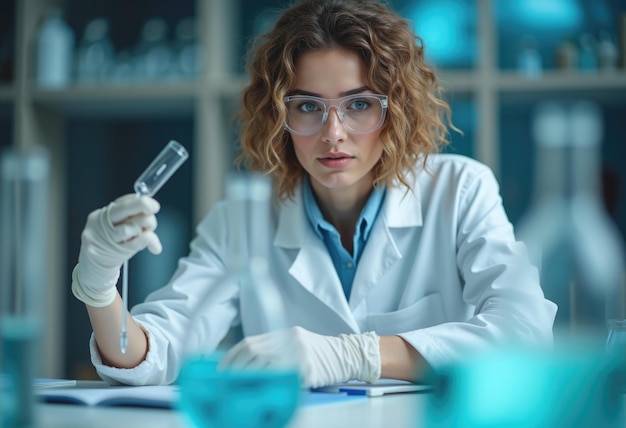 Photo a woman scientist in a lab coat holds a glass vial looking intently at the contents while wearing