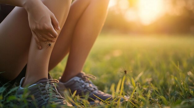 Woman scratches her leg which is itchy from a insect bite Close up of legs