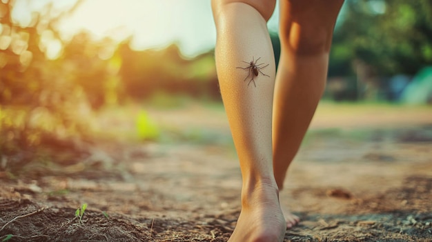 Woman scratches her leg which is itchy from a insect bite Close up of legs