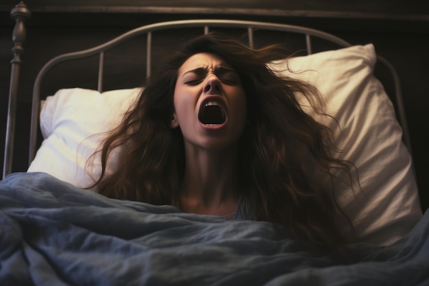 Woman screaming in bed pillow Furious stress Generate Ai