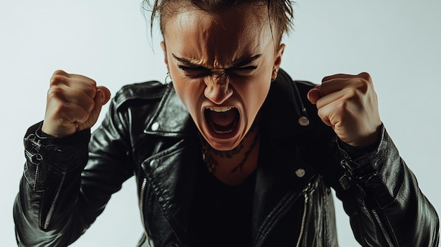 a woman screaming in front of a wall with her mouth open