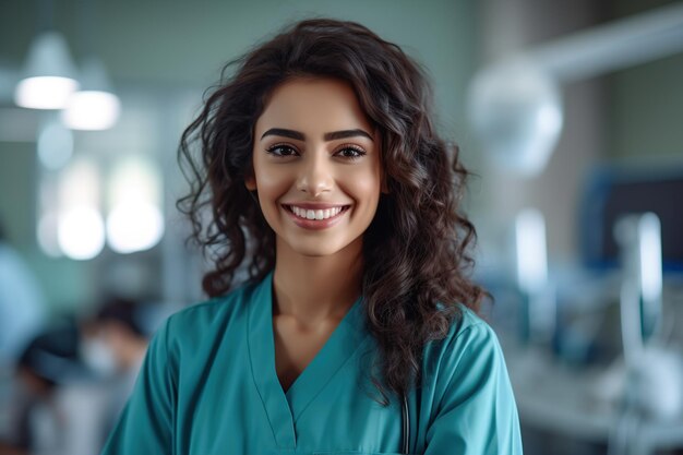 a woman in scrub clothes smiling at the camera