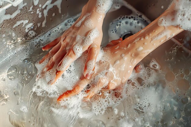 Photo woman scrubbing dishes in welllit kitchen sink closeup of hands in soapy water