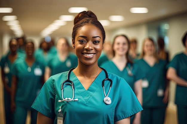 A woman in scrubs standing in front of a group of nurses