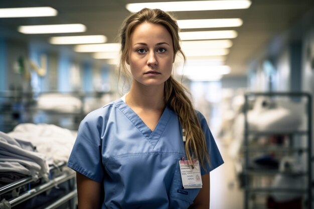 Photo a woman in scrubs standing in a hospital room