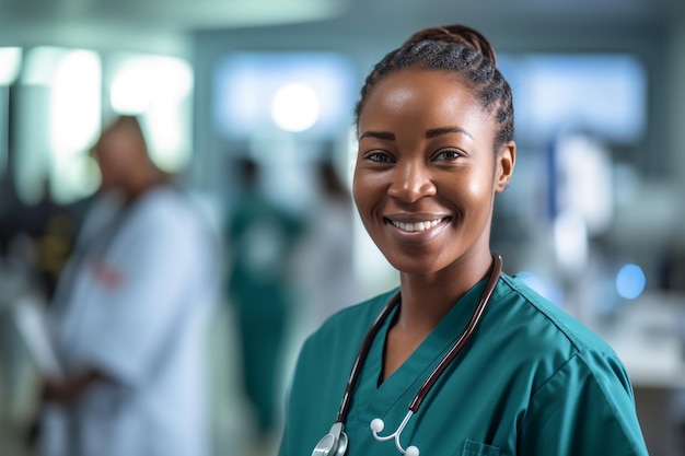 A woman in scrubs stands in a hospital hallway.