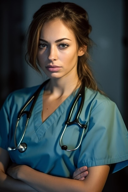 A woman in scrubs and a stethoscope stands in a dark room.