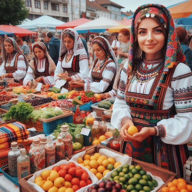 Photo a woman sells fruit and vegetables at a market