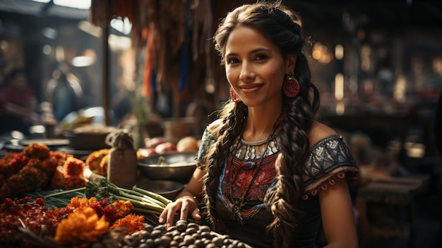 Photo a woman sells vegetables in a market.