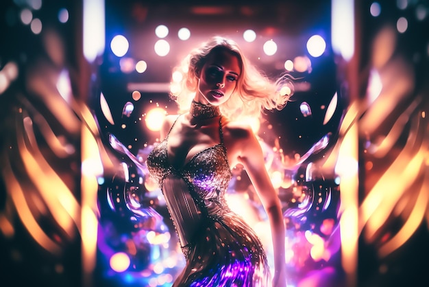 A woman in a sequin dress dancing in front of a disco light.