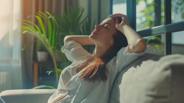 Woman in serene joy embracing relaxation in a sunlit cozy interior space