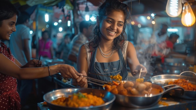 Woman Serving Food at a Night Market in India