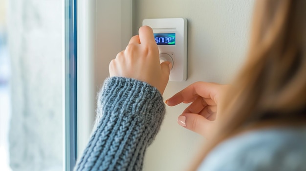 Photo woman setting a thermostat to a lower temperature to save on heating costs adjusting the thermostat can lead to significant energy savings and lower heating bills