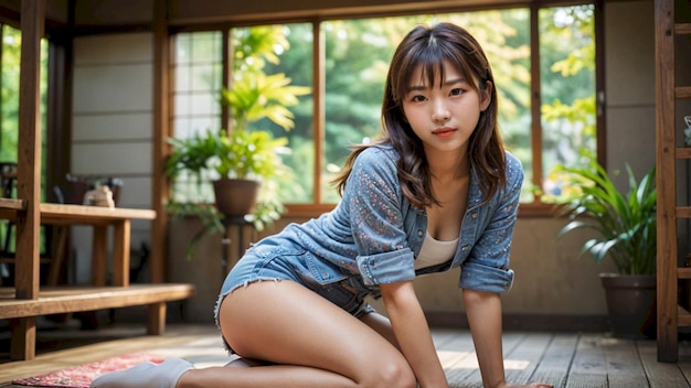 a woman in a sexy dress is standing in front of a chinese sign