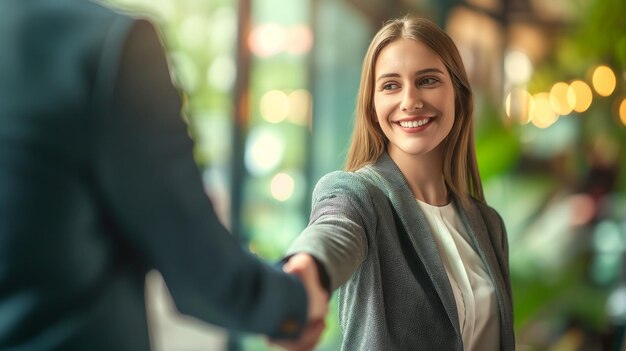 Photo woman shaking hand with a business man after the job interview