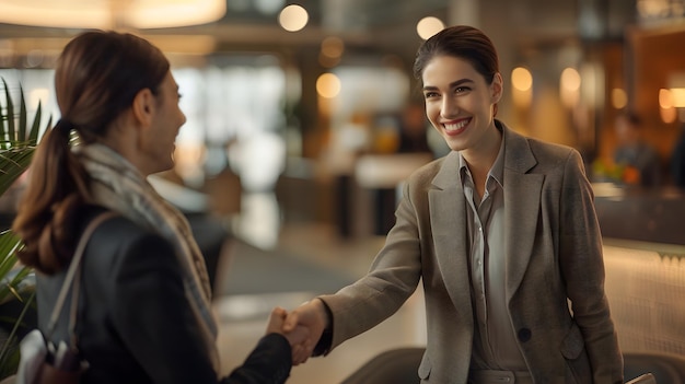 a woman shaking hands with a man shaking hands