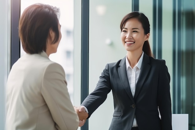 A woman shaking hands with a man in a suit Generative AI