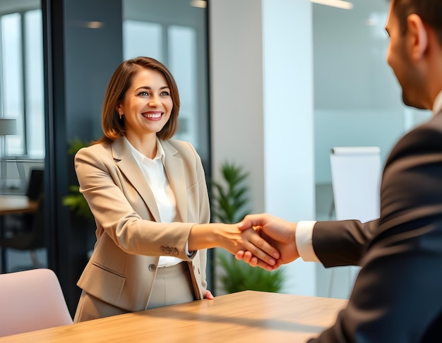 a woman shaking hands with a man in a suit