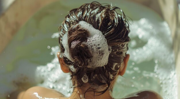 Woman Shampooing Hair in Bathtub with Soap Bubbles