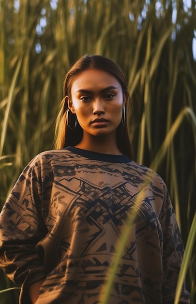 A woman in a shirt with green leaves