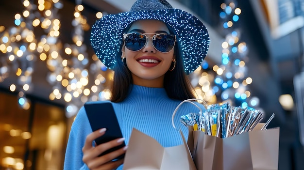 Photo woman shopping in the city with real time online sales data display on smartphone screen